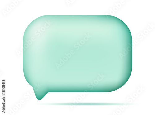 Trendy 3D speech bubble icon in soft mint green color. Volumetric chat box with smooth claymorphism texture and glossy finish. Blank message balloon for social media, app interface, and web design.