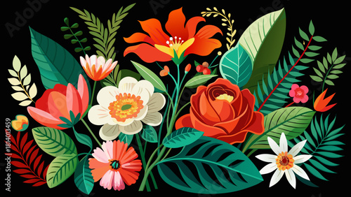 Very beautiful vibrant arrangement of various flowering plants and foliage, featuring lush green leaves and bright red, orange, and cream flowers against a black background, creating a striking contra