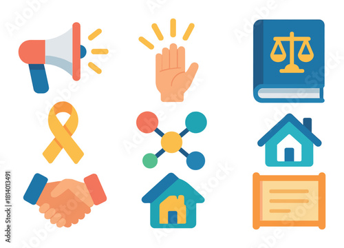 Colorful icons representing communication, justice, charity, networking, cooperation, real estate
