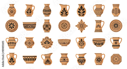 Array of terracotta pottery including jugs vases bowls and plates adorned with dark patterns
