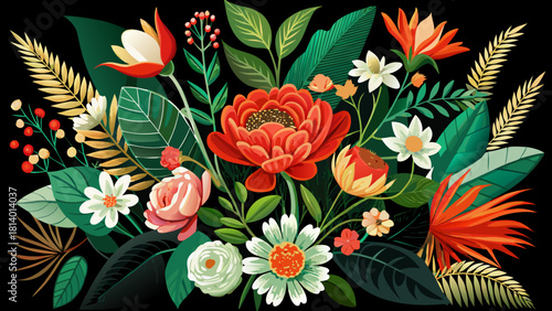 Very beautiful vibrant arrangement of various flowering plants and foliage, featuring lush green leaves and bright red, orange, and cream flowers against a black background, creating a striking contra