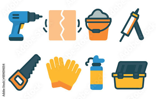 Construction tools illustration with drill, saw, and safety gear