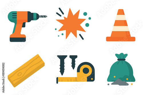Colorful construction tools and equipment icons with drill and traffic cone