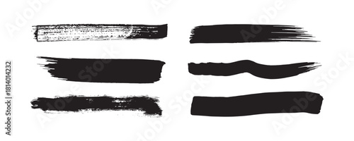 A collection of bold black grunge brush stroke set with rough textures, smudged paint effects, dry-brush edges, and hand-painted ink lines