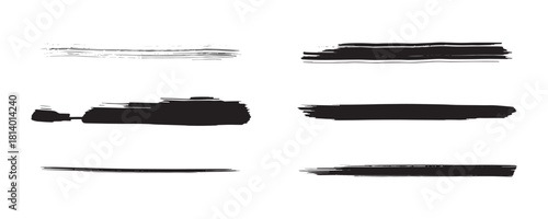 A collection of bold black grunge brush stroke set with rough textures, smudged paint effects, dry-brush edges, and hand-painted ink lines