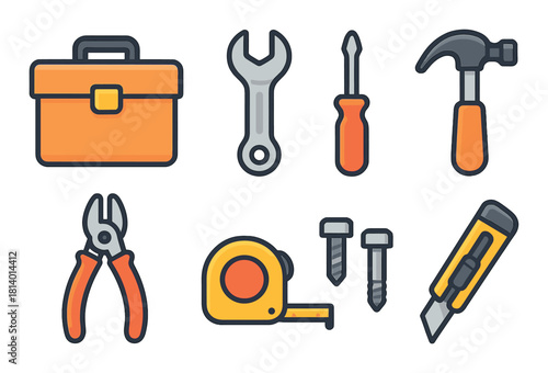 Colorful tool icon set featuring hammer, wrench, and toolbox on dark background