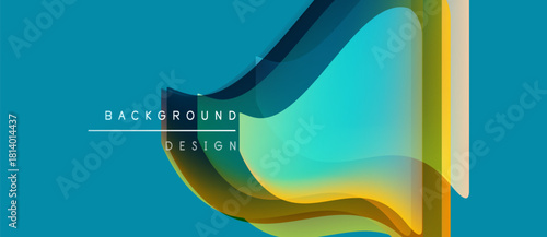 Abstract design features flowing shapes, vibrant colors. Turquoise background complements layered elements, creating modern visual impact.