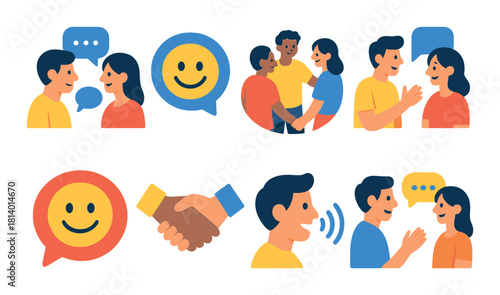 Cartoon characters engaging in social interactions and communication