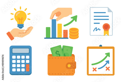 Financial growth and strategy: charts, wallets, certificates, and calculators