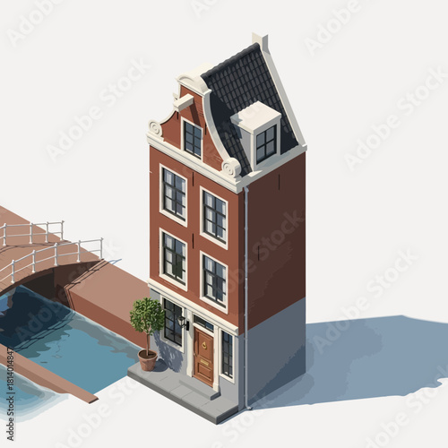 Isometric illustration of canal house in Amsterdam with bridge and waterway
