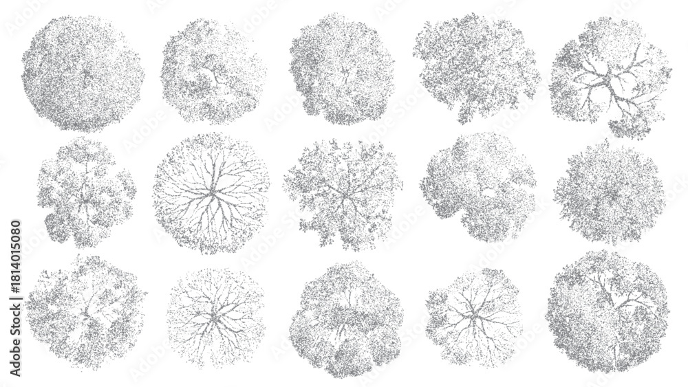 Naklejka premium Collection of fifteen diverse grey dot art tree tops viewed from directly above in a top down perspective on a white background