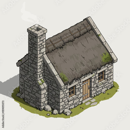 Isometric Stone Cottage with Thatched Roof and Smoking Chimney Illustration