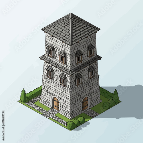 Isometric View of a Medieval Stone Tower with Shingled Roof and Garden