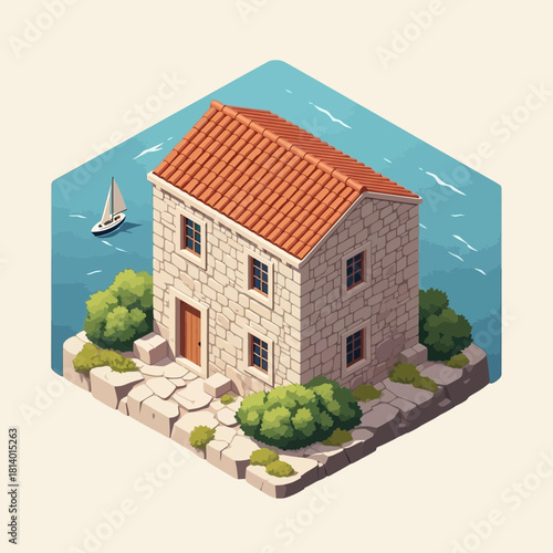 Isometric view of an idyllic stone house by the sea with sailboat
