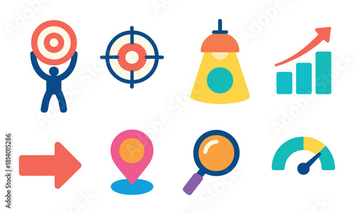 Neon icons: target, arrow, growth chart, location, magnifying glass, speedometer