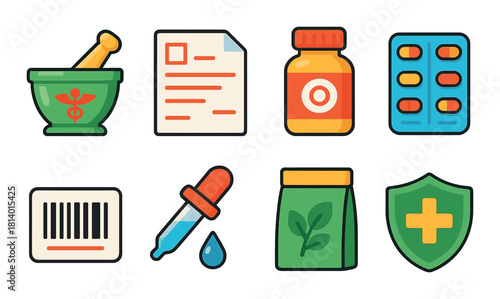 Colorful pharmacy icons including mortar, prescription, bottle, pills, dropper, barcode, herbal bag, shield