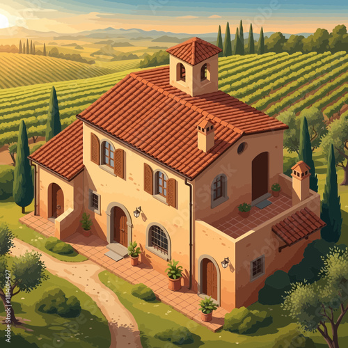 Picturesque Italian Villa Amidst Lush Vineyards at Sunset Illustration