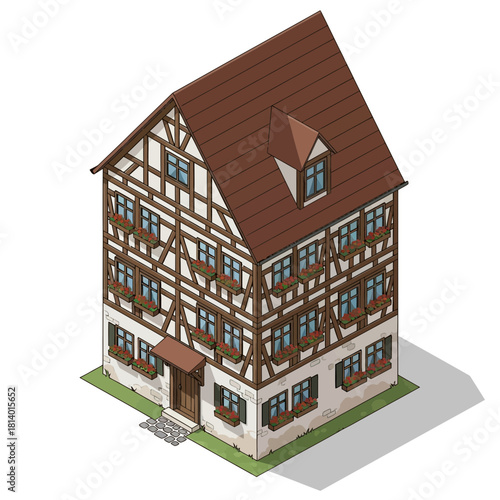 Charming Isometric Timber Framed Building with Flowers and Stone Pathway