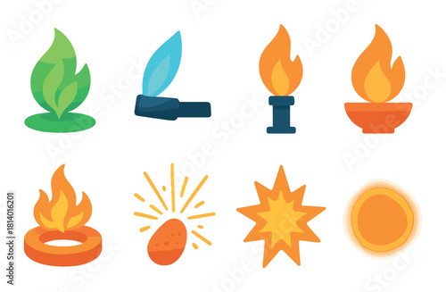 Colorful cartoon flames and icons collection with various shapes and styles