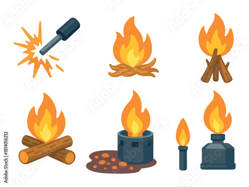 Vector set of various campfire and flame illustrations