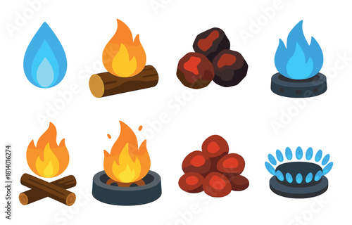 Collection of colorful fire icons featuring flames, logs, and coals on gradient background