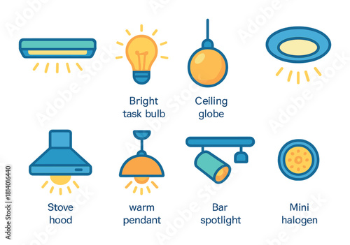 Illustrated lighting icons: bulbs, pendants, hood, halogen, spotlight