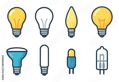 Collection of diverse light bulb illustrations in various shapes and colors