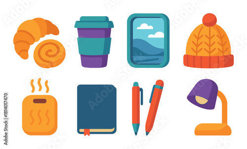 Cozy autumn essentials: coffee, pastry, notebook, warm beanie, pen, lamp, and tablet
