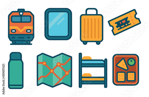 Colorful travel essentials icons featuring train and luggage