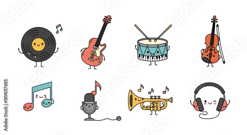 Cartoon musical instruments collection with smiling faces and musical notes