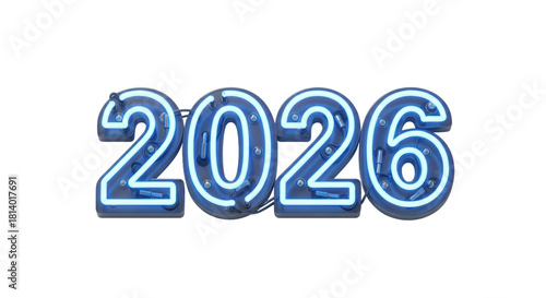 Neon 2026 light sign, glowing 3D tube effect, isolated