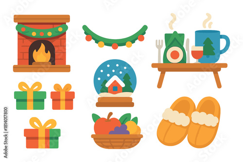 Cozy winter scene with fireplace, gifts, and hot drinks