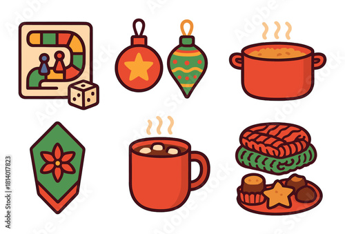 Festive holiday elements: ornaments, warm drinks, board game, comfort food