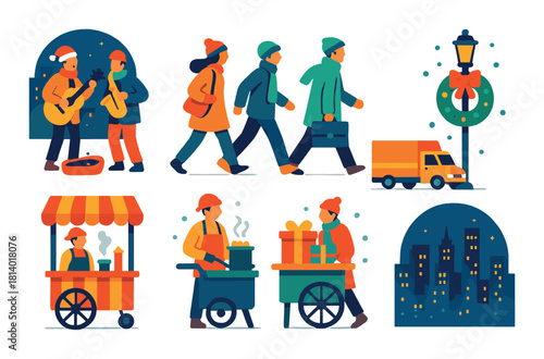 Festive winter cityscape with street musicians, vendors, and passersby