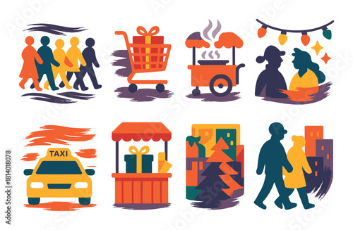 Vibrant urban nightlife scenes with shopping, dining, and festive interactions