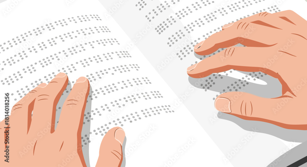 Fototapeta premium A minimalist flat design illustration of hands reading Braille text, symbolizing literacy and accessibility for the visually impaired. This clean vector art celebrates World Braille Day.
