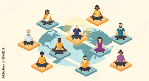 A flat design illustration depicting diverse individuals meditating globally, emphasizing unity and peace on World Meditation Day. This modern vector artwork showcases interconnectedness