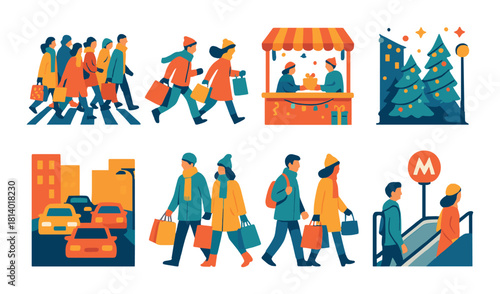 Festive city winter scene with shoppers and decorations