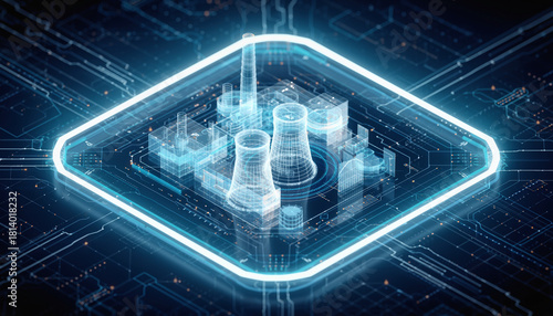 Nuclear Plant Visualization: A high-tech digital representation of a nuclear plant, emphasizing modern technology and energy production.  