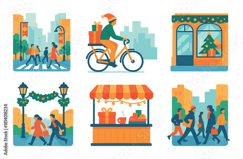 Festive urban scenes with people and holiday decorations