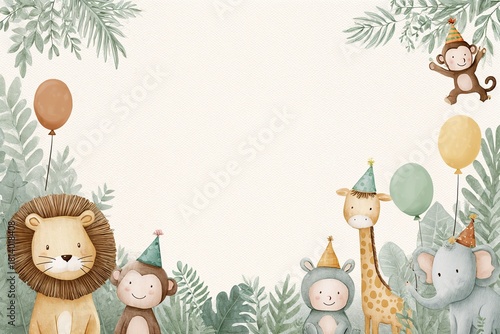Cute jungle animals at birthday party with balloon decorations
