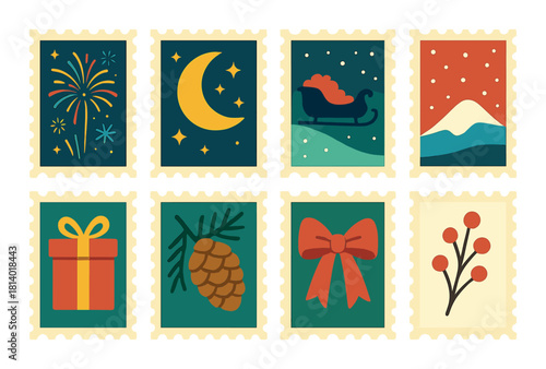 Festive winter icons with fireworks moon sleigh gift and holiday decor