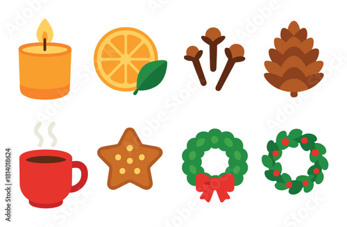Festive holiday icons: candle, orange, cloves, pinecone, hot drink, gingerbread, wreaths