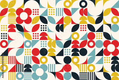 Abstract geometry background, flowers and leaves and geometric shapes, seamless vector geo bg pattern,   wallpaper, fabric, print, sleek texture overlay