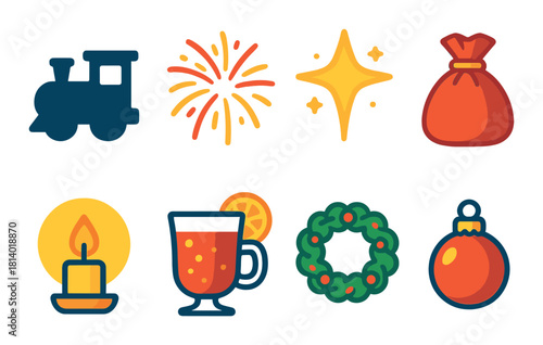 Colorful holiday icons: train, fireworks, star, gift bag, candle, mulled wine, wreath, ornament