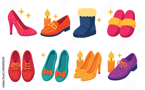 Colorful variety of stylish shoes with candlelight glow