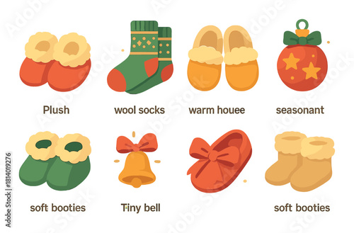 Festive holiday apparel and decorations: cozy socks, warm booties, ornaments