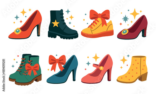 Colorful array of decorative shoes with sparkles and unique designs