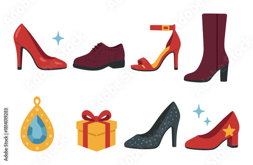 Stylish footwear collection: high heels, boots, and elegant accessories