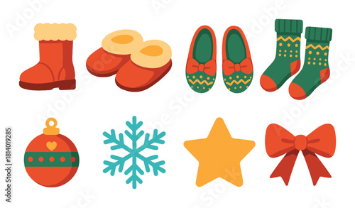Festive holiday icons: cozy footwear and joyful decorations